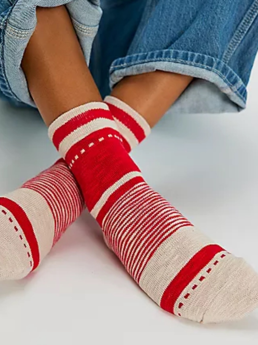 Free People Sunset Stripe Crew Socks in Red & Cream NWT 🎄🎄